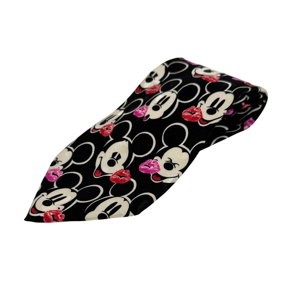 Vintage Disney Mickey Mouse Faces & Lips‎ Black Neck Tie Silk Made in Korea